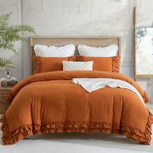 Ruffled Duvet Cover Set Pink Boho Bedding Set Pleated Ruffle Fringe Romantic Bedroom Decor Super Soft Breathable Comforter Cover Set - 鐵鏽紅色 - 查看 2
