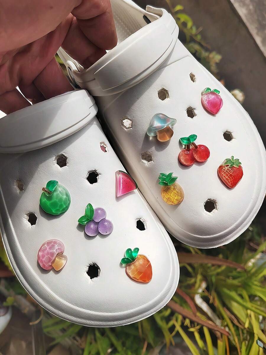 10pcs Transparent Fruit Charms Set (Grape, Cherry, Pineapple, Apple, Strawberry, Watermelon, Peach, Carrot, Mushroom), Suitable For Hollow Out Clogs, Beach Sandals, Flip Flops - Multicolor - View 1