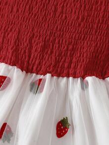 1pc Girls Casual Solid Color Soft Comfortable Jacquard Fabric Strawberry Pattern Mesh Puff Sleeve Mid-Length Dress, Suitable For Outdoor Wear, Spring/Summer - Multicolor - View 6