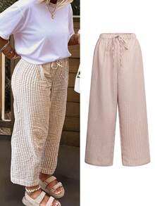 女士波西米亚风粉色格子阔腿裤 | 系带腰身设计 | 适合情人节、音乐节、赛马日和海滩度假，2026春夏款 - 淺粉色 - 查看 3