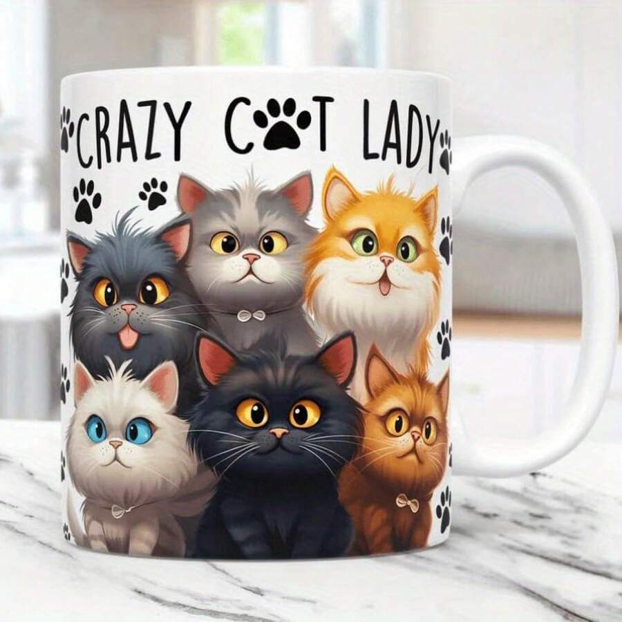 Coffee Mug, Cute Cat Design With 6 Cats And Paw Prints, White Ceramic - 白色 - 查看 1