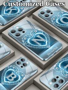 1pc Customizable 26 Letters & Name Design With Blue Rhinestone Heart Pattern Tempered Glass Phone Case, Compatible With Iphone 17 Air/16 ProMax/15 Pro/14 Plus/13 Pro/12 Pro Max/11/Xs Max/8/7/6 Plus, S24 Ultra/S25 Ultra/A12, High-End Business Custom, Best Gift For Boyfriend, Girlfriend And Family - Blue - View 1