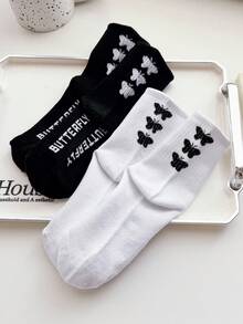 随机3/6双装女士宽松中筒针织袜 - 黑白蝴蝶图案 - 街头风薄款百搭春夏款 - 彩色 - 查看 4