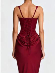 1pc Women's Solid Color Elegant Bodycon Long Sleeve Deep V Dress - Red - View 3