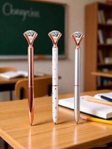 3支装大号水晶钻石圆珠笔，闪亮金属材质，适用于办公和学习，银色/白色玫瑰圆点/玫瑰金 - 3件 - 查看 7