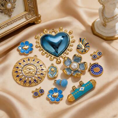 1pc Stainless Steel 18K Gold-Plated Fashion Vintage Lucky Collection Heart, Flower, Sun, Seashell, And More Pendants Necklace & Earring DIY Jewelry Making