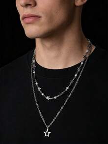 1pc Men's Silver Faux Pearl Metal Handmade Star Pendant Multi-Layer Necklace