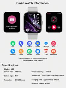 2件套，适用于女士1.83英寸智能手表，硅胶表带，高清显示，支持通话、收发信息、多种运动模式、音乐播放，兼容iOS和安卓系统，搭配水钻手链，适合日常佩戴、节日庆典、馈赠亲友、户外活动、上学等各种场合。 - 彩色 - 查看 11