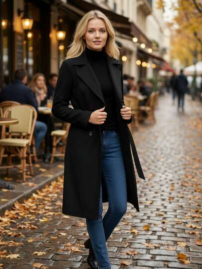 Women's Elegant Midi Trench Coat Black Warm Lined Regular Sleeve Lapel Collar Button Front Design With Belted Details