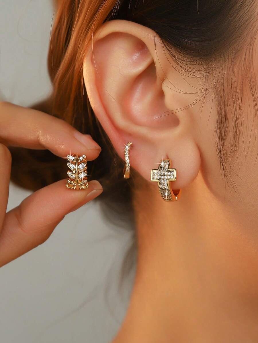 Luxury Rhinestone Stud Earrings 3pcs Set Cross / Leaf / Thin Hoop Earrings, Versatile Gold Earrings For Women's Commute And Date - 6-piece Set - View 1
