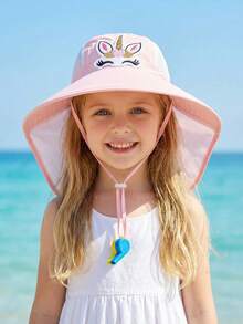 1 pieza Sombrero de cubo de tiburón de color azul marino para niños pequeños y niños, con dibujos animados, con correa para el cuello, cordón ajustable, gorra para deportes al aire libre, color de silbato aleatorio, primavera/verano - Unicornio rosa - Ver 7