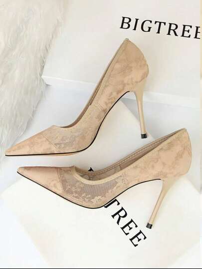 女士网眼镂空撞色蕾丝尖头细高跟鞋，黑色时尚优雅高跟礼服鞋，女士高跟鞋，优雅细跟鞋，正式场合鞋履，日常搭配，时尚完美鞋履