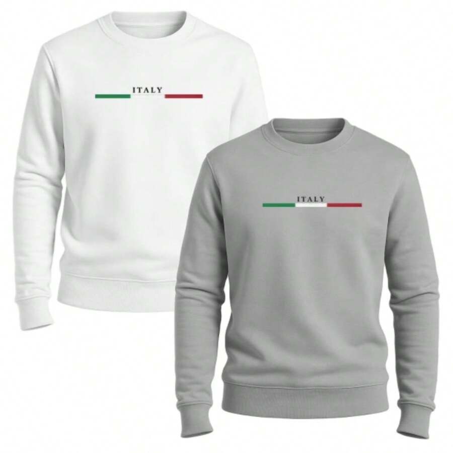 Two-Pack Of Crew Neck Sweatshirts, Italy Brand, Men's Winter Sweater. - 灰色與白色 - 查看 1
