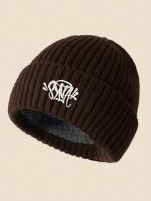 1pc SYNA Embroidered Knit Beanie Hat, Fleece Lined, Windproof & Warm, Soft & Comfortable, Simple & Fashionable, Essential Winter Hat - B - View 11