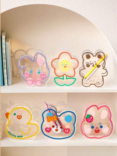 1pc Cartoon Student Desk Pen Holder, Cute Bear & Rabbit Multi-Function Acrylic Transparent Stationery Organizer