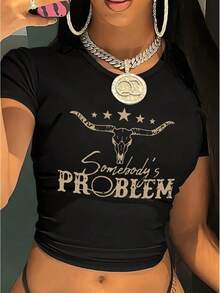 Y2K-Style Women's Cropped Top. European And American Style Short Black T-Shirt With Bull Head Pattern, Star Decoration And Letter Print - Black - View 6