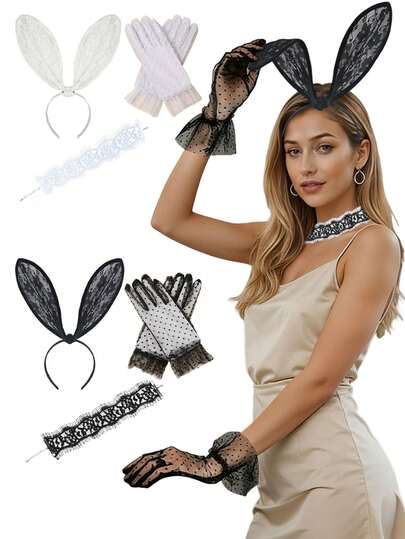 Bộ trang phục thỏ ren 3 món - Băng đô tai thỏ + Găng tay + Vòng cổ phù hợp; Phụ kiện chụp ảnh dễ thương cho tiệc độc thân, trang phục thỏ gợi cảm cho hộp đêm, trang phục tuần tra, bộ trang phục gợi cảm cho tiệc theo chủ đề, trang trí thỏ cho biểu diễn sân khấu, phù hợp cho trang trí tiệc dễ thương và gợi cảm, tiệc độc thân và cosplay.