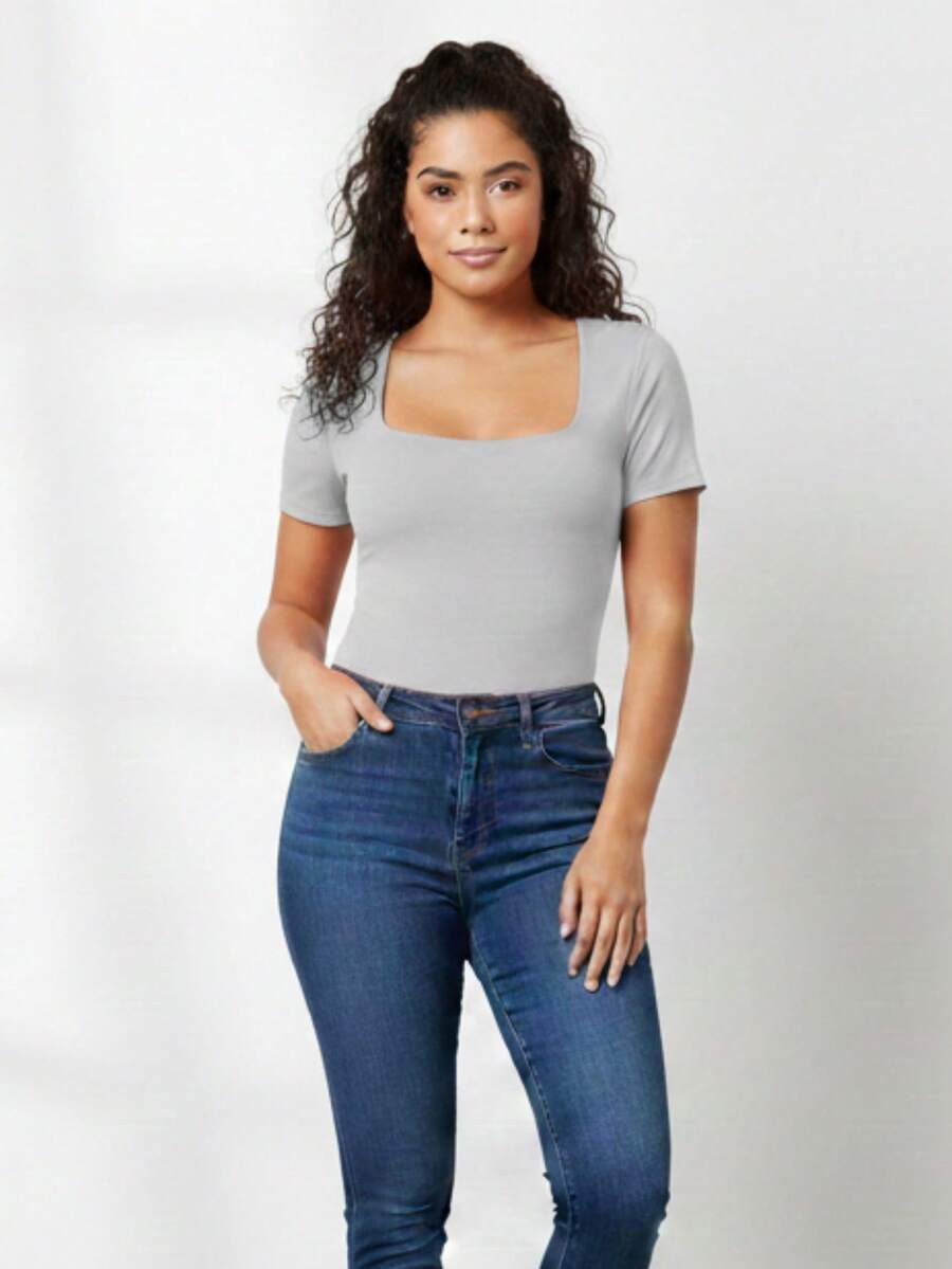 Body de manga corta para mujer con cuello cuadrado - Plateado - Ver 1