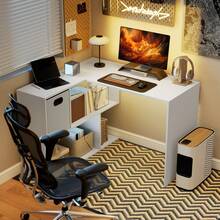 Escritorio de ordenador esquinero HOMCOM, 110 x 100 cm, en forma de L, con estante de tela y cajón, ideal para dormitorio, oficina y estudio, color blanco. - Blanco - Ver 1