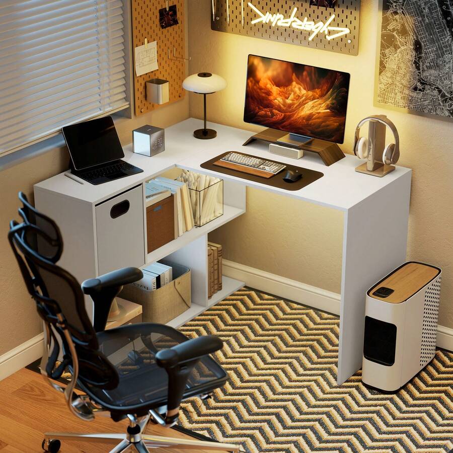 Escritorio de ordenador esquinero HOMCOM, 110 x 100 cm, en forma de L, con estante de tela y cajón, ideal para dormitorio, oficina y estudio, color blanco. - Blanco - Ver 1