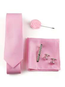 ZONFAZ 5pcs/Set Men's Business Formal Tie & Handkerchief & Cufflinks & Lapel Pin & Tie Clip Combo Suit, Wedding & Party Essentials,Accessories,Festival,Graduation Gift,Accessories - Baby Pink - View 4