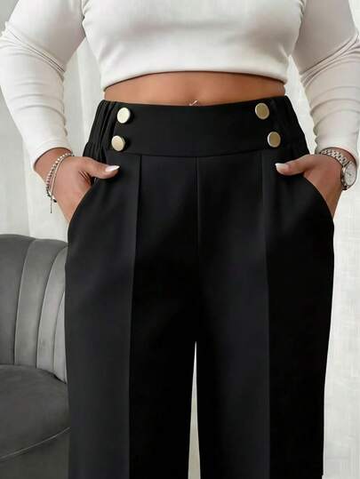 Plus Size Women Loose Elastic Waist Double Button Straight Leg Pants, Elegant Casual Leg Slimming Commuter Trousers, Order One Size Down For Loose Fit, Suitable For All Seasons, Daily, Workplace, Office Wear