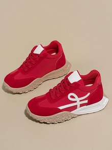 Women's Casual Sneakers, New Thick Sole Anti-Slip Comfortable Sports Shoes, High-Top Round Toe Lace-Up Comfortable Shoes, Mid-Top Round Toe Lace-Up Comfortable Outdoor Sports & Leisure Shoes, Comfortable Women's Training Shoes - Red - View 4