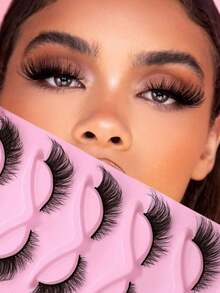 5 Pairs Half-Strip False Eyelashes, Transparent Band With Cat Eye Tail Extension, Natural & Delicate Faux Mink Lashes, Fluffy & Soft, For Natural Makeup Look - Black - View 2