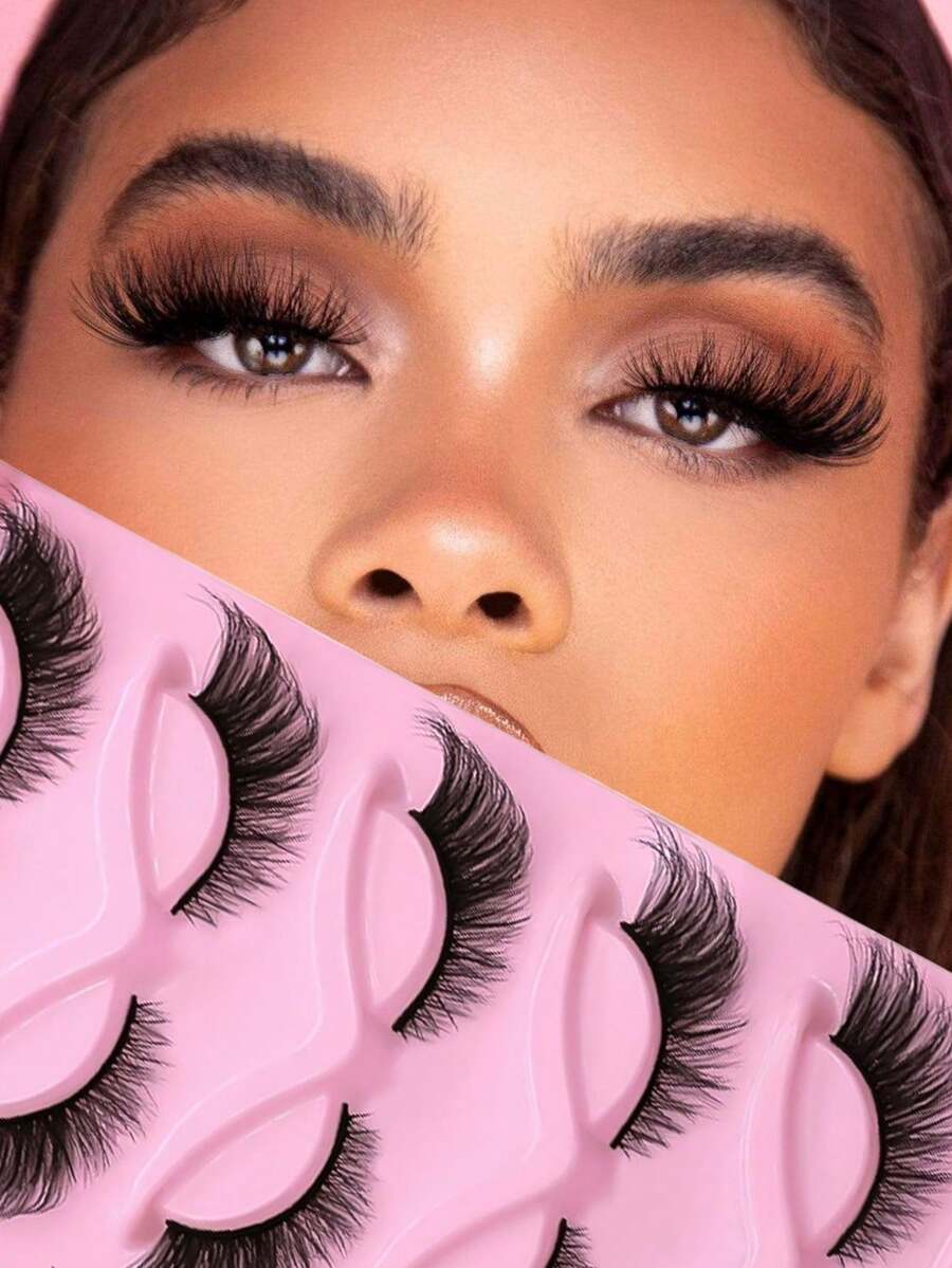 5 Pairs Half-Strip False Eyelashes, Transparent Band With Cat Eye Tail Extension, Natural & Delicate Faux Mink Lashes, Fluffy & Soft, For Natural Makeup Look