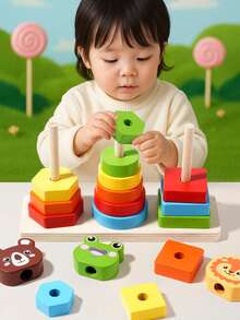 Juguetes de rompecabezas de apilamiento de animales de madera, juego de emparejamiento de formas Montessori, incluye panda, rana, león, regalo de educación temprana colorido adecuado para niños pequeños - Multicolor - Ver 2