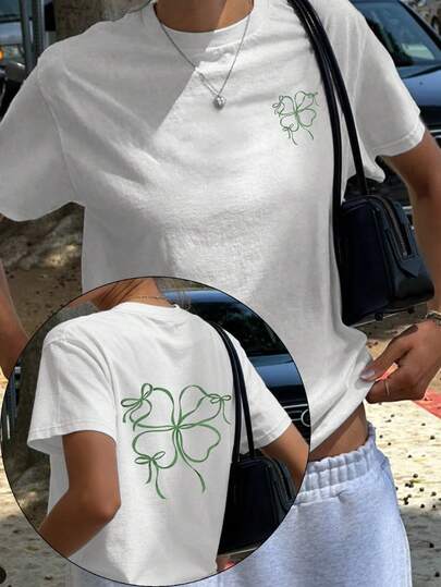 Women's Casual St. Patrick's Day T-Shirt With Irish Four-Leaf Clover And Bow Design, Short Sleeves, Round Neck, Casual And Comfortable Style, A Fashionable Spring/Summer Women's Top, Suitable For Holiday Parties, Daily Commutes, And Weekend Outings, A Perfect Holiday Gift For Her. White