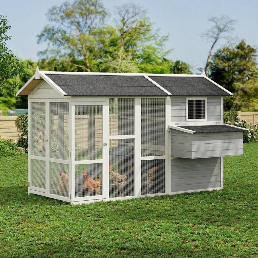 Casa para Gallinas con Corral - Gallinero Grande de Madera con Techo Impermeable, Ideal para 4-6 Pollos, Incluye Nido y Rampa - blanco grisáceo - Ver 1