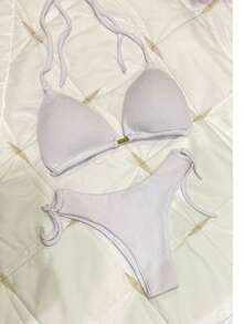 Ribbed Triangle Bikini Bottom, Double String Bikini Bottom, Semi-Thong - Blanco - Ver 1