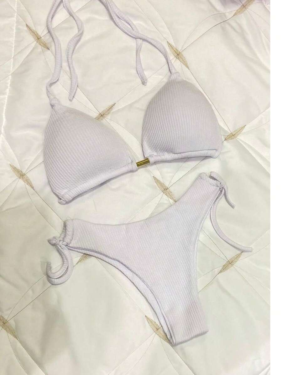 Ribbed Triangle Bikini Bottom, Double String Bikini Bottom, Semi-Thong - Blanco - Ver 1