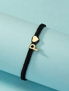 1条经典时尚简约心形26字母手工编织可调节男女通用手链，情人节礼物，送给男友的约会礼物 - 黑色 - 查看 3