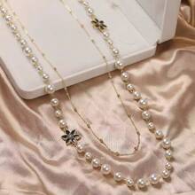 1件装时尚女士珍珠花朵项链，优雅多层毛衣链，百搭，适合外套、休闲和派对场合 - 6瓣花長項鍊 - 查看 3