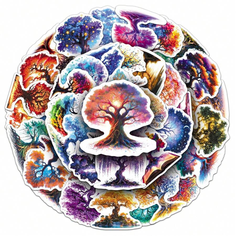 TOOUEE 50pcs Tree Of Life Theme Stickers, No Repeated Colourful Designed Waterproof Vinyl Decals For Laptop, Water Bottles, Phone, Scrapbooking, Luggage -Creative Decoration Stickers Durable Party Favors, New Year, Valentine's Day, Birthday Decorations - Multicolor - View 1