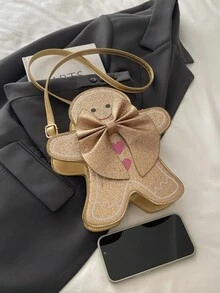 1个女童蝴蝶结亮片拉链可爱斜挎包，适合春季日常使用 - 金色 - 查看 3