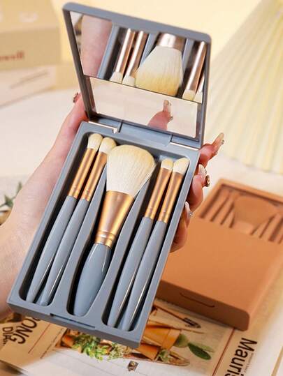 5pcs Makeup Brush Set With Mirror, Soft Hair Powder Blush Eyeshadow Brushes, Affordable Portable Morandi Color, Mini Makeup Brush Set With Makeup Mirror, Soft Hair Brushes, Cosmetic Tools