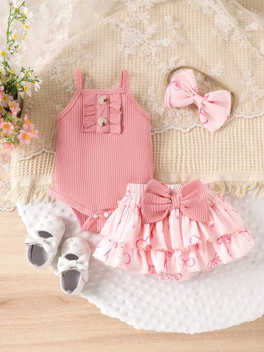 2 peças/Conjunto Macacão Fofo + Shorts Leves para Bebê Menina, Verão - Melancia - Visão 1