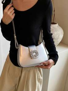 Mini bolso de hombro con decoración de strass, bolso de axila multifuncional y de moda, bolso de silla de montar con strass brillante, bolso de textura PU, cartera de moda multifuncional, bolso largo - Plateado - Ver 6