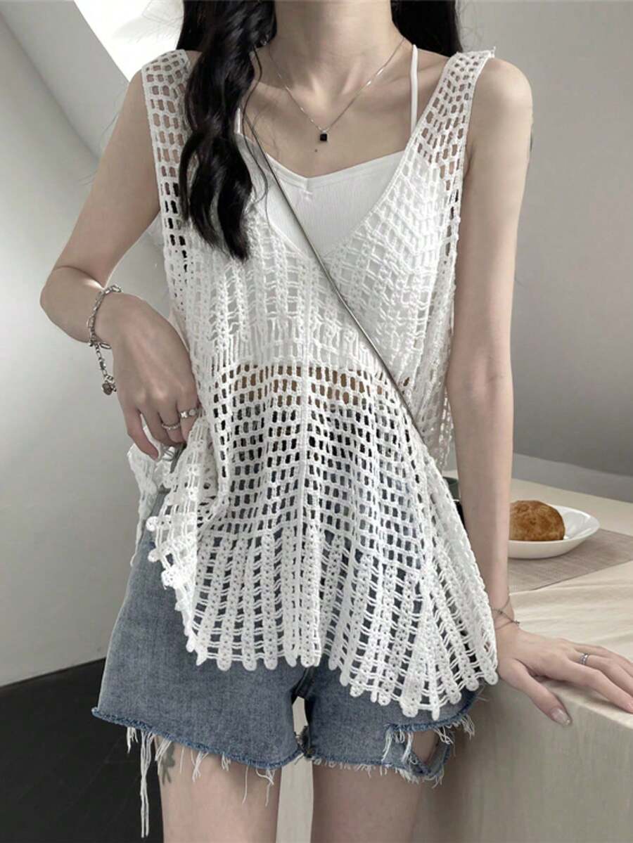 女士镂空钩编针织背心，夏季白色