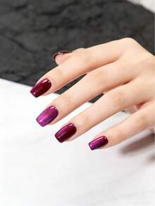 YINZIJIA Enhance Your Temperament With 10 Handmade Cat Eye Gradient Pressed Nails, Short Square Shape, Purple Red Shimmer, Reflective Color Change, Perfect For Women And Girls - Available In XS, S, And M Sizes - Multicolor - View 2