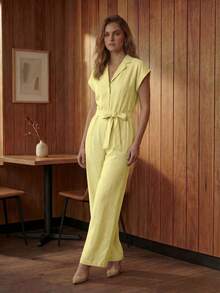 A&DD MODA, REF: AS1766 - Women's Plain Jumpsuit, V-Neck, With Belt And Pockets. Casual Women's Jumpsuit, Wide-Leg Style, Short Sleeves. - 黃色 - 查看 6