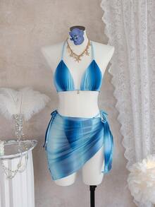 女士性感蝴蝶印花露背比基尼三件套，系带设计，含纱笼裙，海滩度假波西米亚风夏季套装 - 彩色 - 查看 2