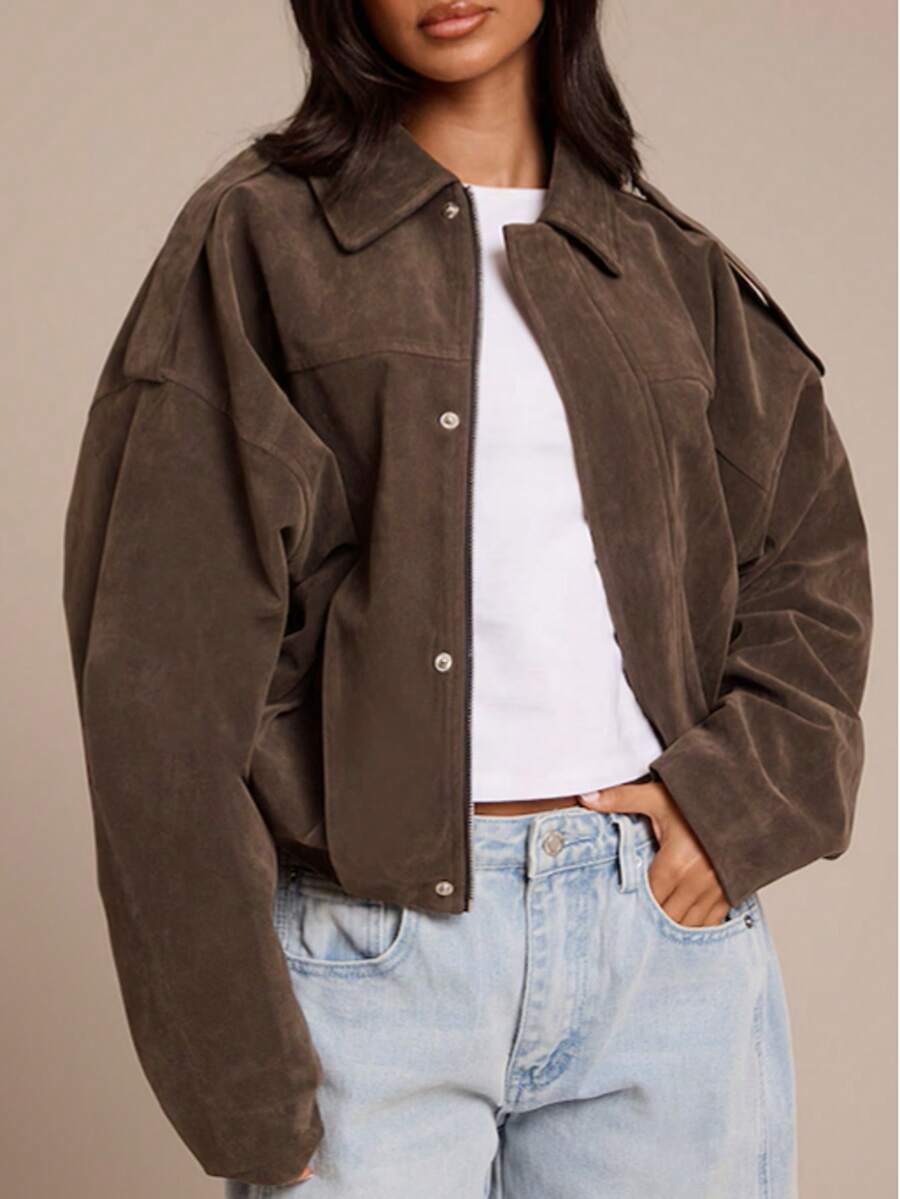 Women's Dark Brown Faux Suede Jacket Lapel Loose Fit Long Sleeve Casual Streetwear Outfit 2025 - Màu nâu - Xem 1