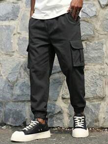 1 pieza Pantalones cargo rectos sueltos y casuales con múltiples bolsillos personalizados para niños y adolescentes, adecuados para primavera, verano y otoño - Negro - Ver 1