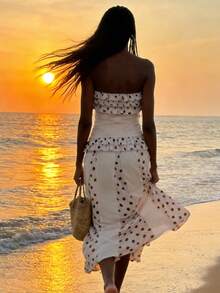 Womens Two Piece Summer Outfits Strapless Ruffle Tube Tops And Long Skirt Set Beachwear - 白色 - 查看 10