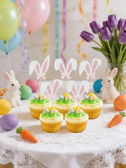 12pcs Pink Bunny Ear Shaped Cupcake Toppers, Shiny Easter Rabbit Theme Cake Decorations, Cute Bunny Ear Cupcake Picks Suitable For Baby Shower, Easter Cake Decor, Kids Birthday Party, 3 Styles