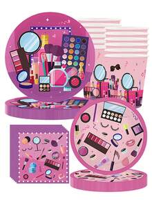 16pcs, Cosmetics Themed Spa Party Disposable Tableware Set, Including 7/9inch Paper Plate, 9oz Paper Cup, Napkin And Supplies Set, Suitable For Ladies Spa Birthday Party, Friends Party, Spring Event, Holiday Party Supplies - Multicolor - View 1